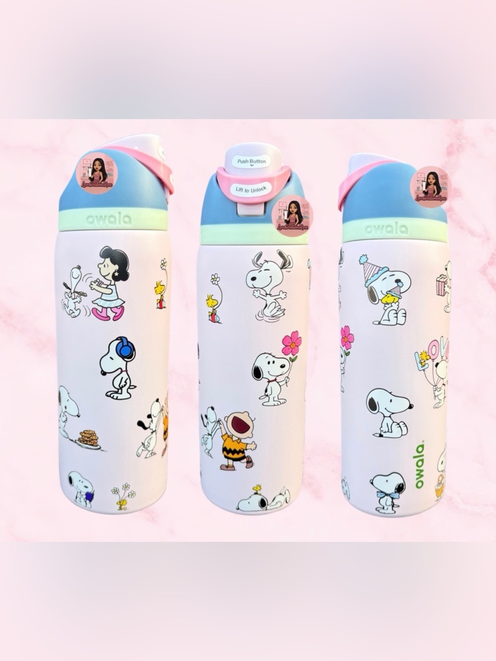 Owala x Peanuts Pastel Snoopy Stainless Bottle - Pink Blue Mint